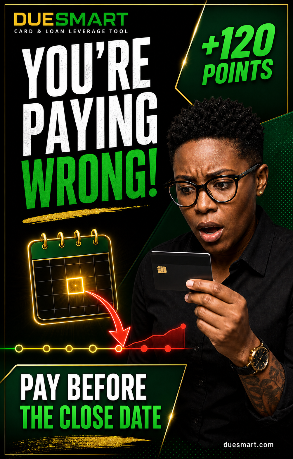 DueSmart card and loan leverage tool campaign cover: You are paying wrong. Pay before the close date.
